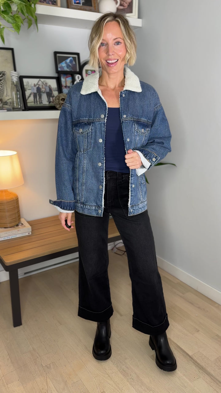 Only Haddy Vintage Teddy Lined Denim Jacket- MEDIUM BLUE