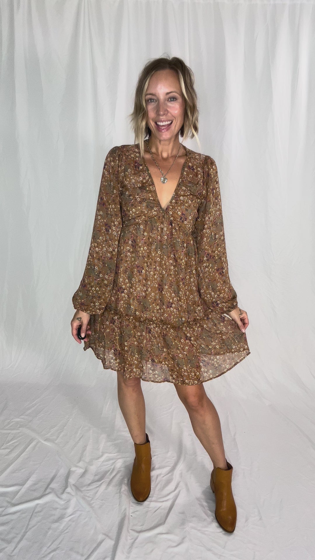 Cailyn Long Sleeve Floral Baby Doll Dress- MOCHA-FINAL SALE *S*