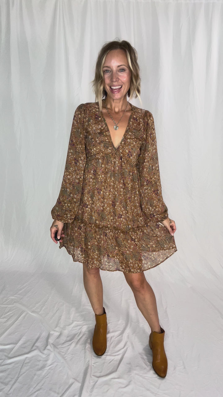 Cailyn Long Sleeve Floral Baby Doll Dress- MOCHA-FINAL SALE *S*