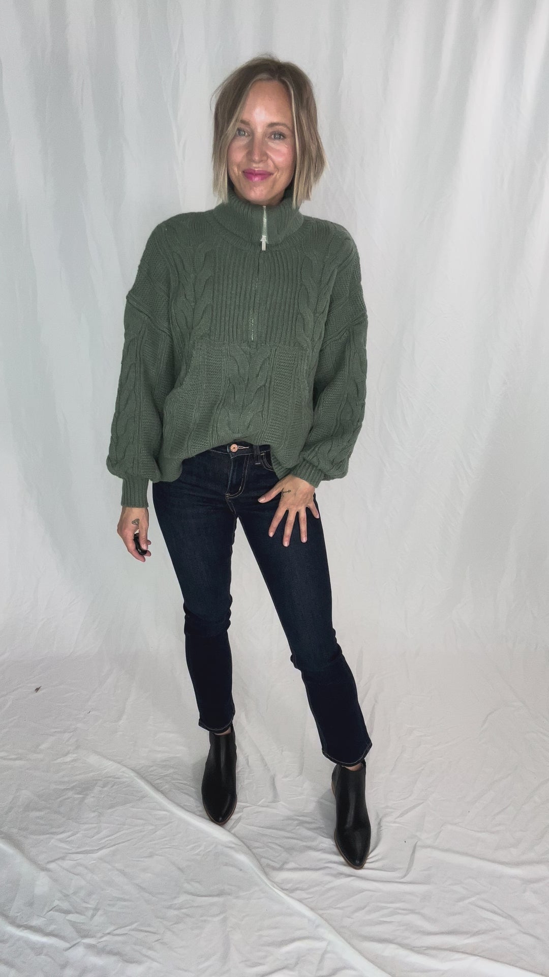 Kiki Cable Knit 1/2 Zip Sweater- SAGE