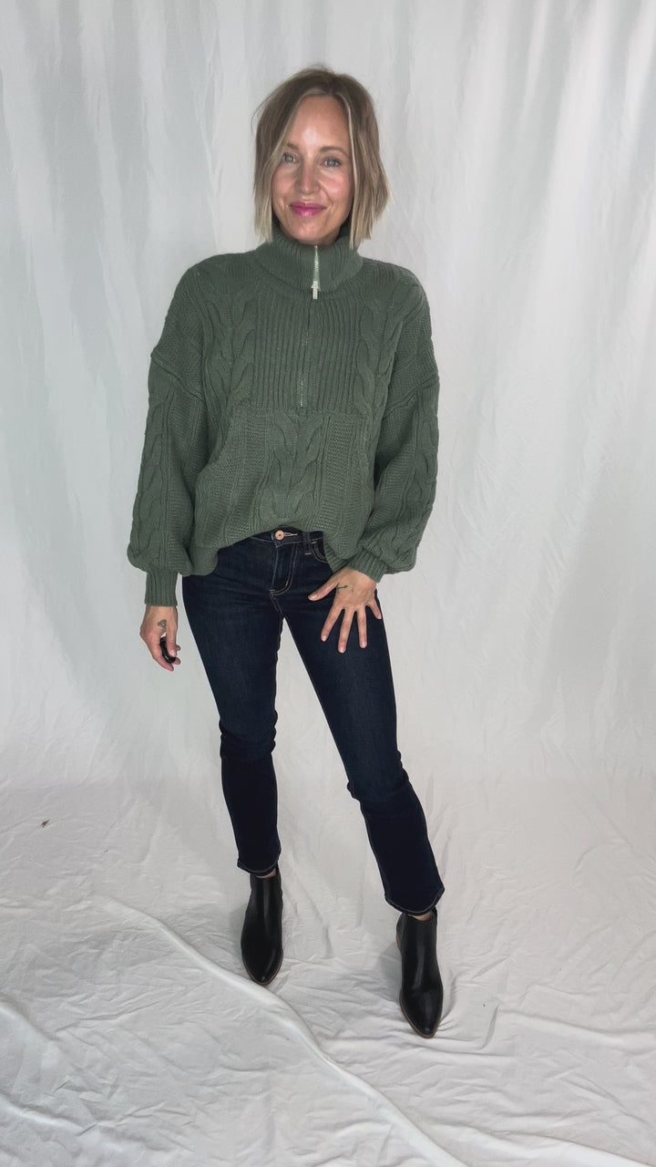 Kiki Cable Knit 1/2 Zip Sweater- SAGE