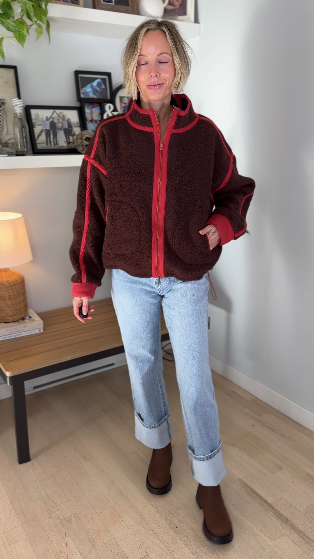 Christina Full Zip Sherpa Fleece Jacket- BROWN