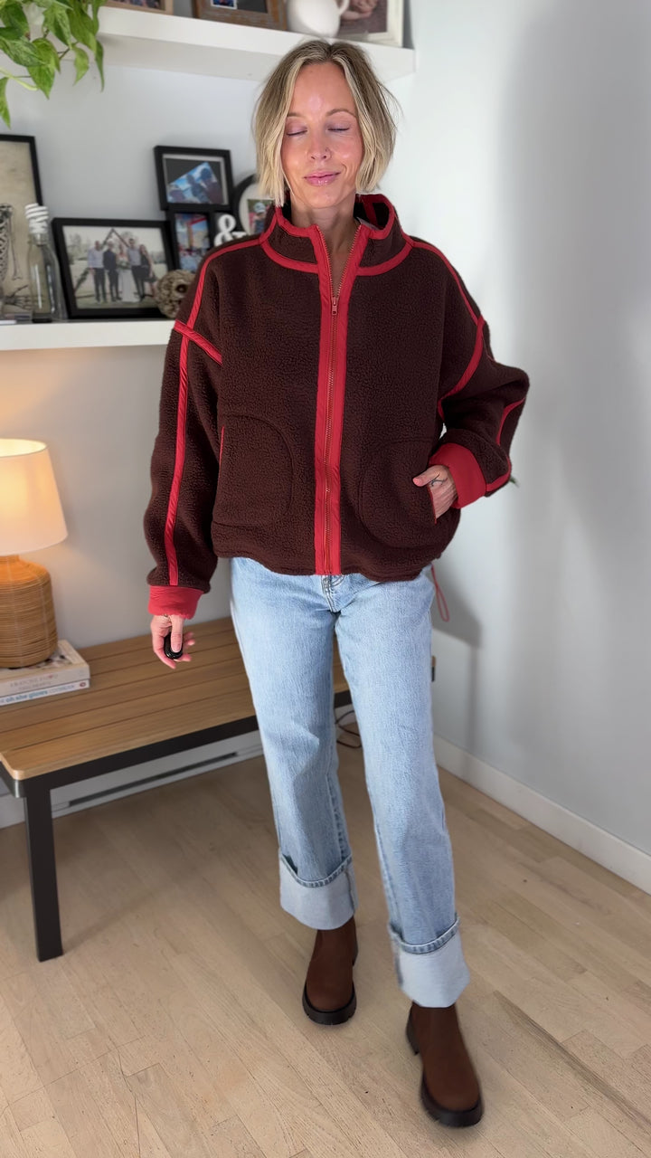 Christina Full Zip Sherpa Fleece Jacket- BROWN