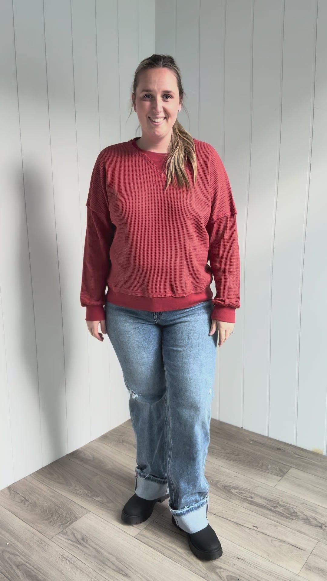 Flurry Raw Edge Long Sleeve Thermal Crew Neck- LIGHT RUST