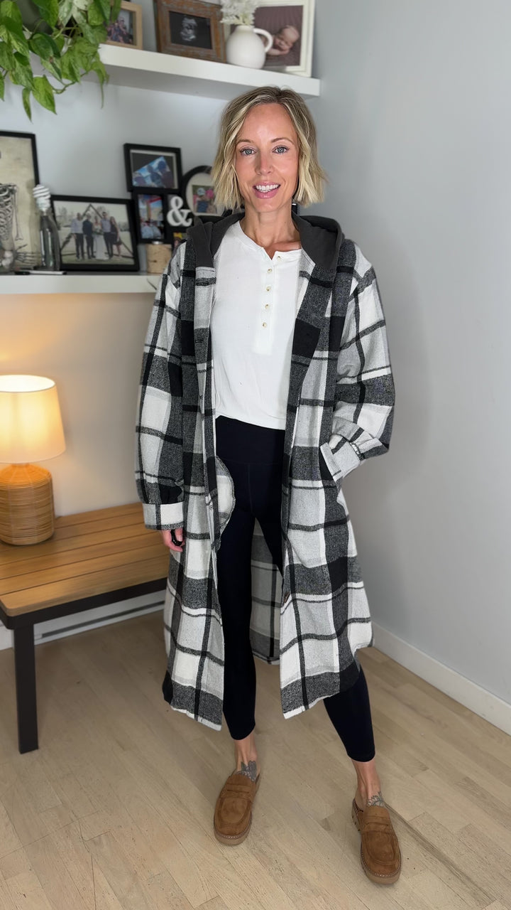 Pinewood Long Line Hooded Plaid Shacket- BLACK