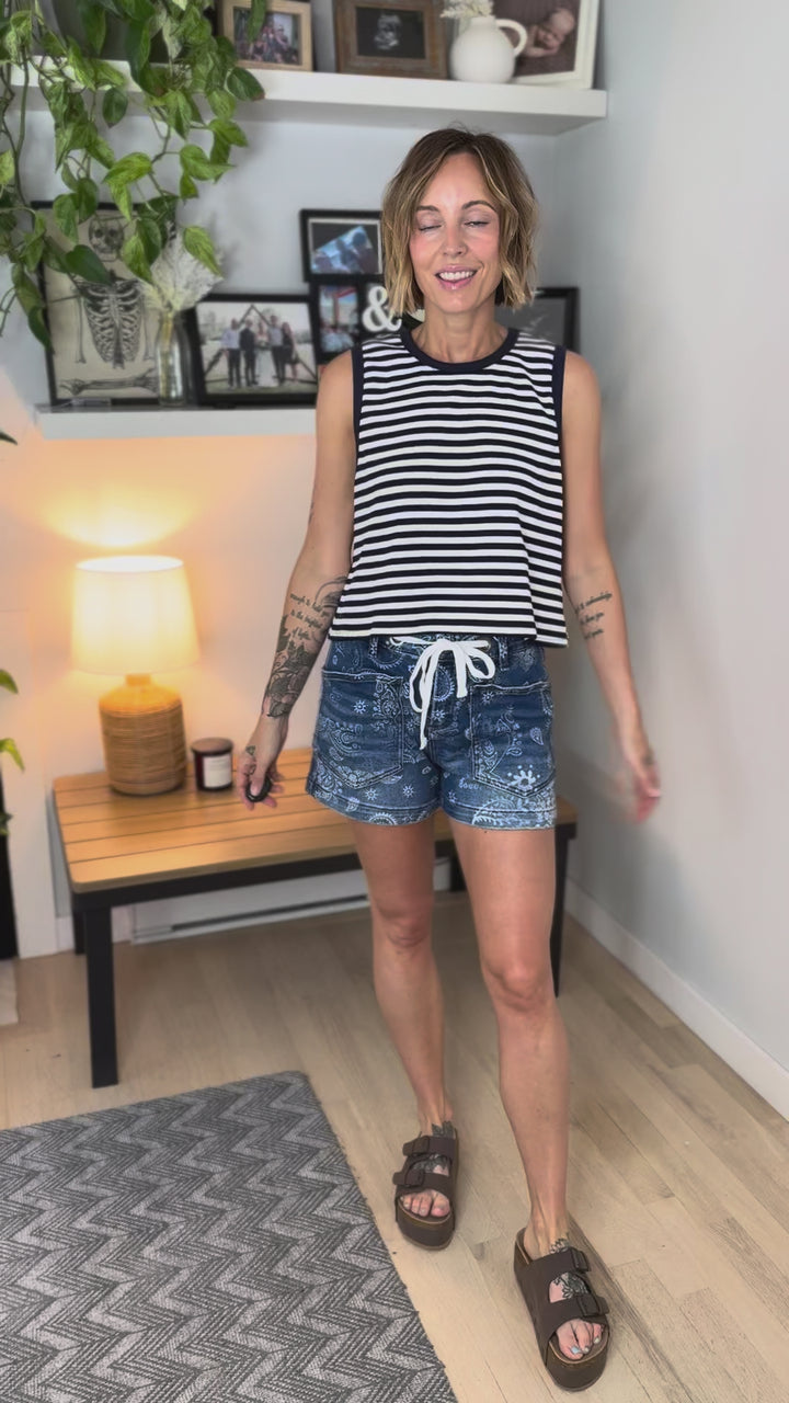 Risen Moon Child Tie Waist Paisley Denim Shorts- DARK WASH