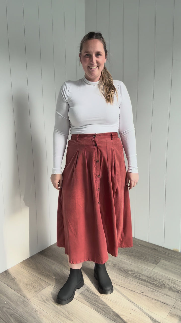 Janice Pleated Button Front Midi Skirt- MARSALA