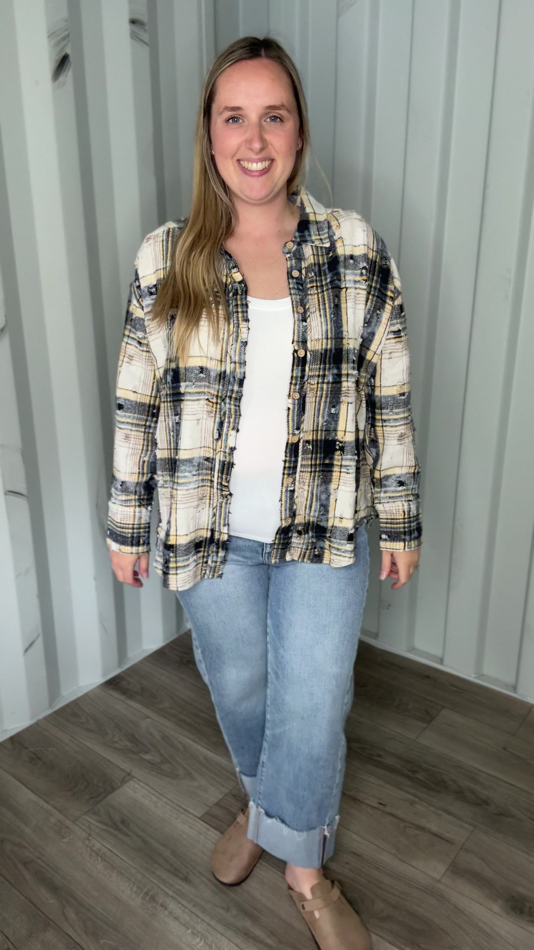 Harvest Moon Distressed Button Down Shacket- NAVY MULTI
