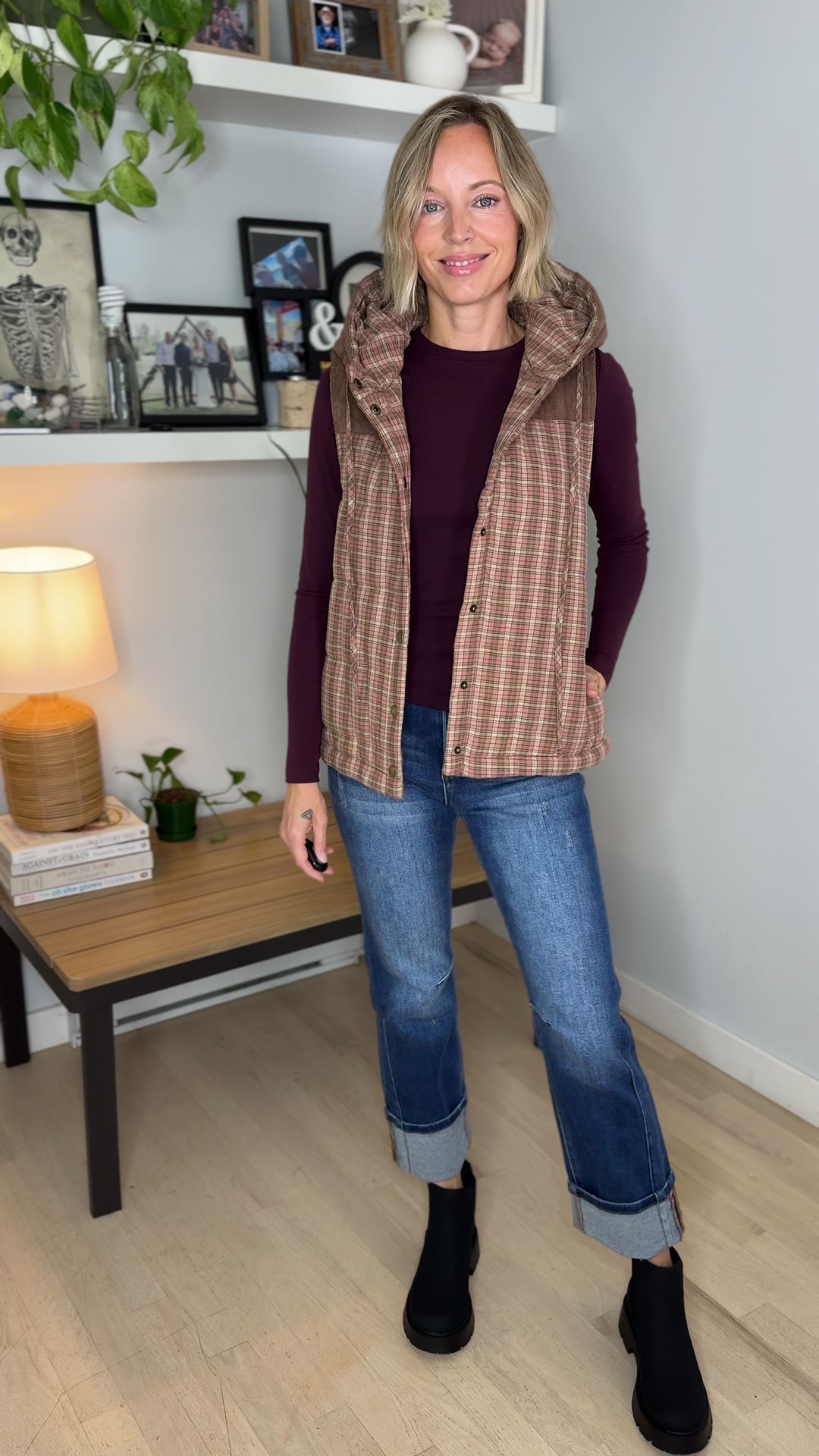 Dovie Quilted Cotton Hooded Vest- MAUVE PLAID