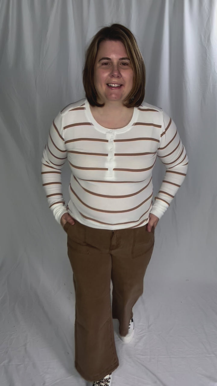 Chleo Classic Ribbed Striped Henley- CARAMEL