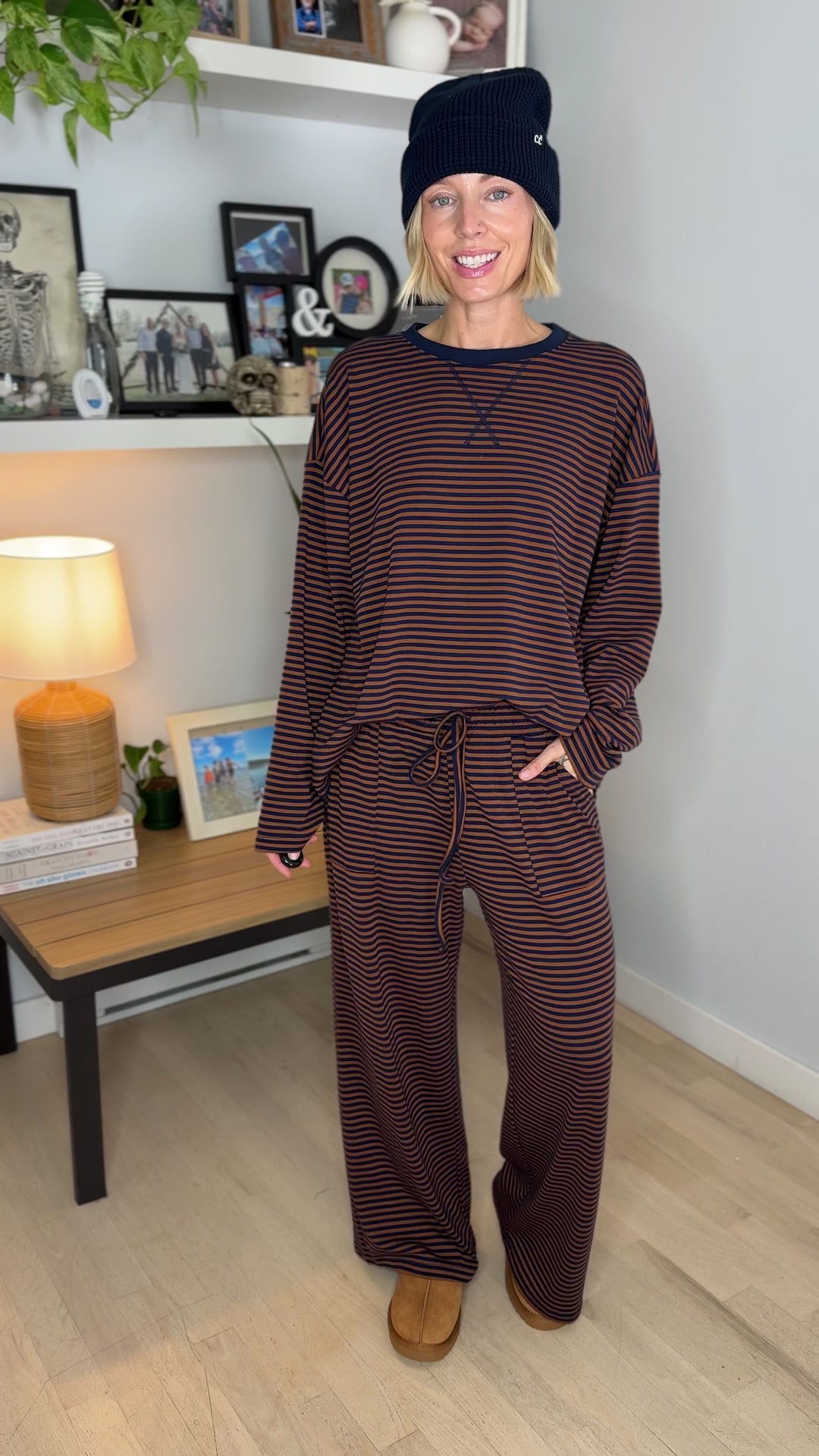 Halston Stretch Cotton Striped Set- BROWN/NAVY