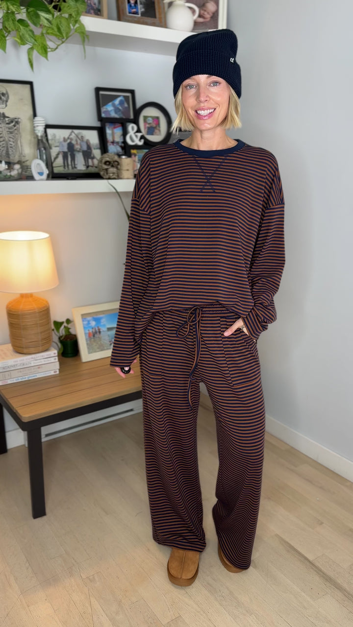Halston Stretch Cotton Striped Set- BROWN/NAVY