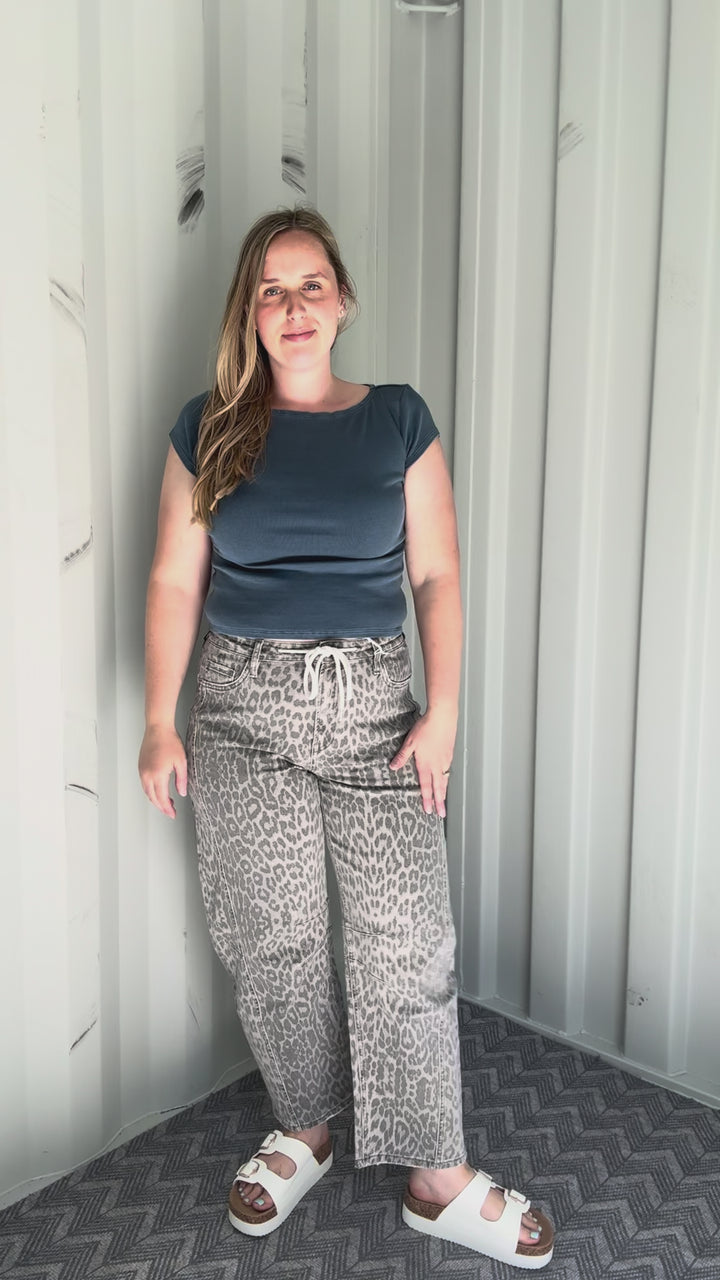 Vervet Dottie High Rise Leopard Print Barrel Jeans- GREY LEOPARD