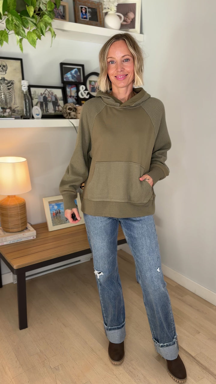 Sonoma Round Neck Waffle Knit Long Sleeve Hoodie- ARMY