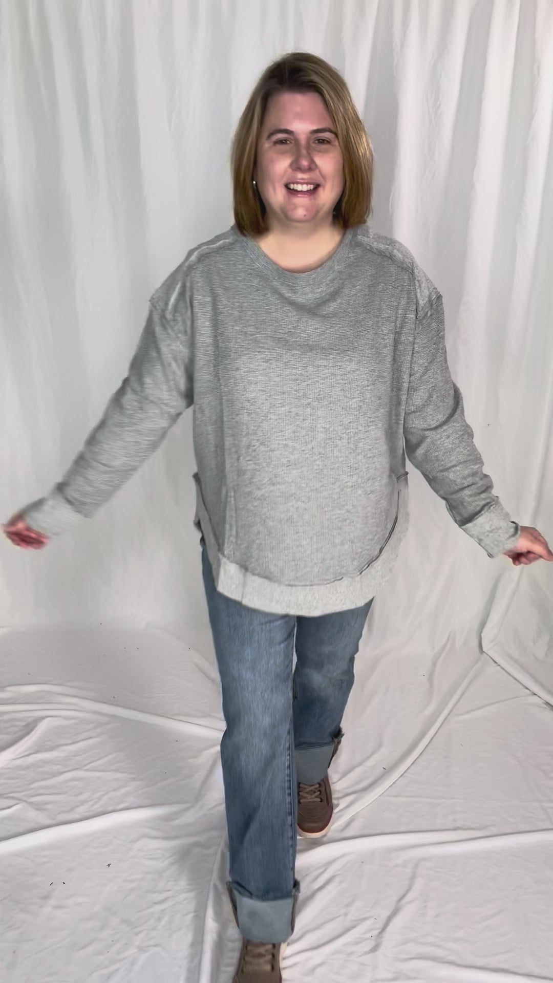 Jenna Long Sleeve Waffle Pullover-HTHR GREY