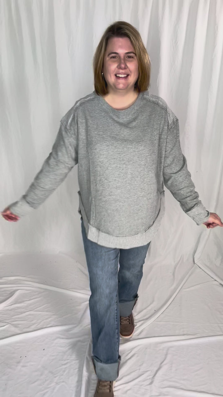 Jenna Long Sleeve Waffle Pullover-HTHR GREY