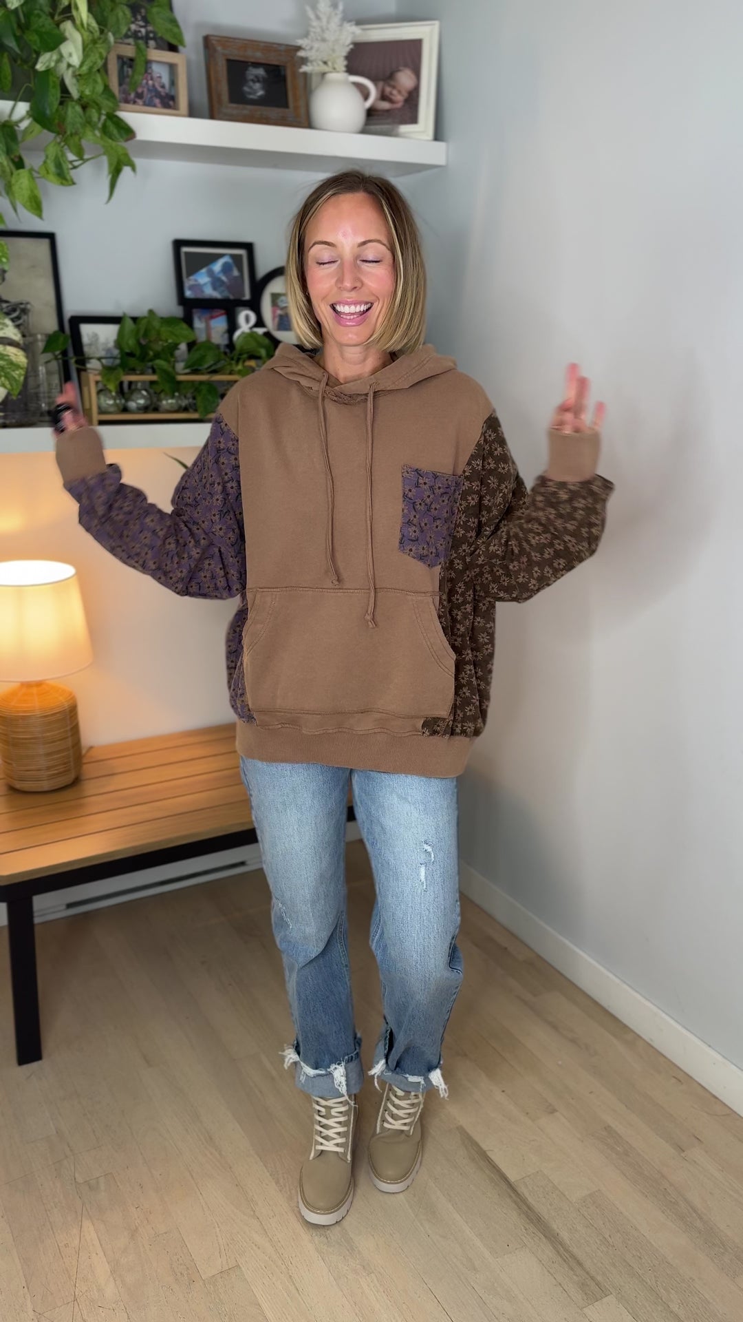 Cooper Mixed Floral Print Hoodie- MOCHA