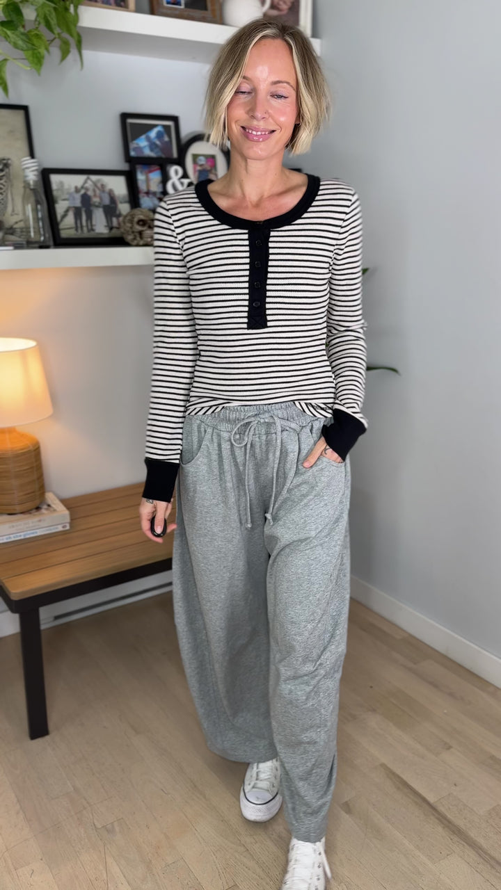 Aurora Waffle Henley Long Sleeve- BLACK/OATMEAL