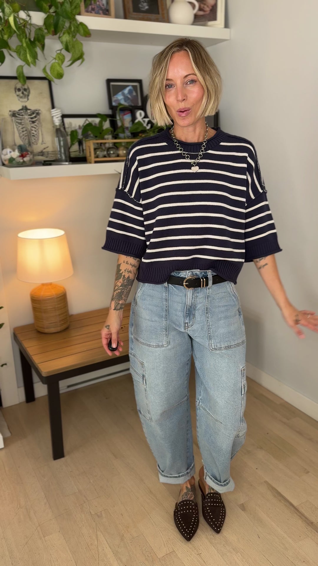 Darlene Stripe Drop Shoulder Short Sleeve Sweater- DARK NAVY