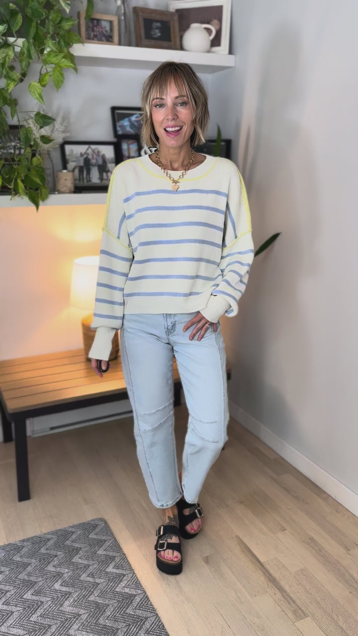 Anna Crewneck Striped Boxy Crop Sweater- OFF WHITE/BLUE