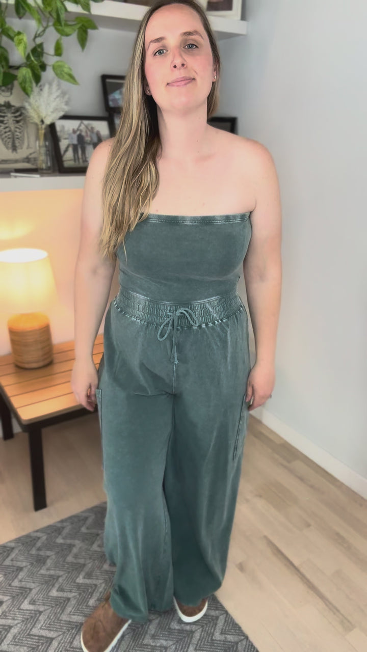 Whitney Strapless Cargo Jumpsuit- DARK TEAL