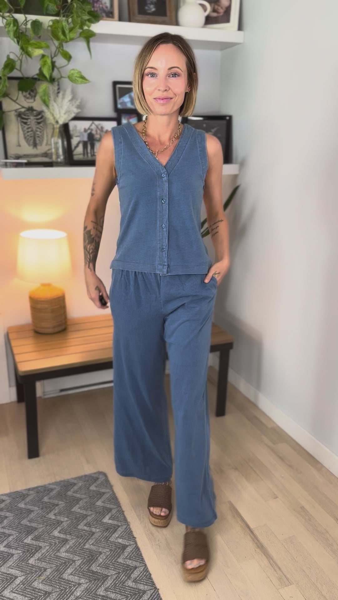 Tara Wide Leg Pants & Vest Top Cotton Set- DARK DENIM