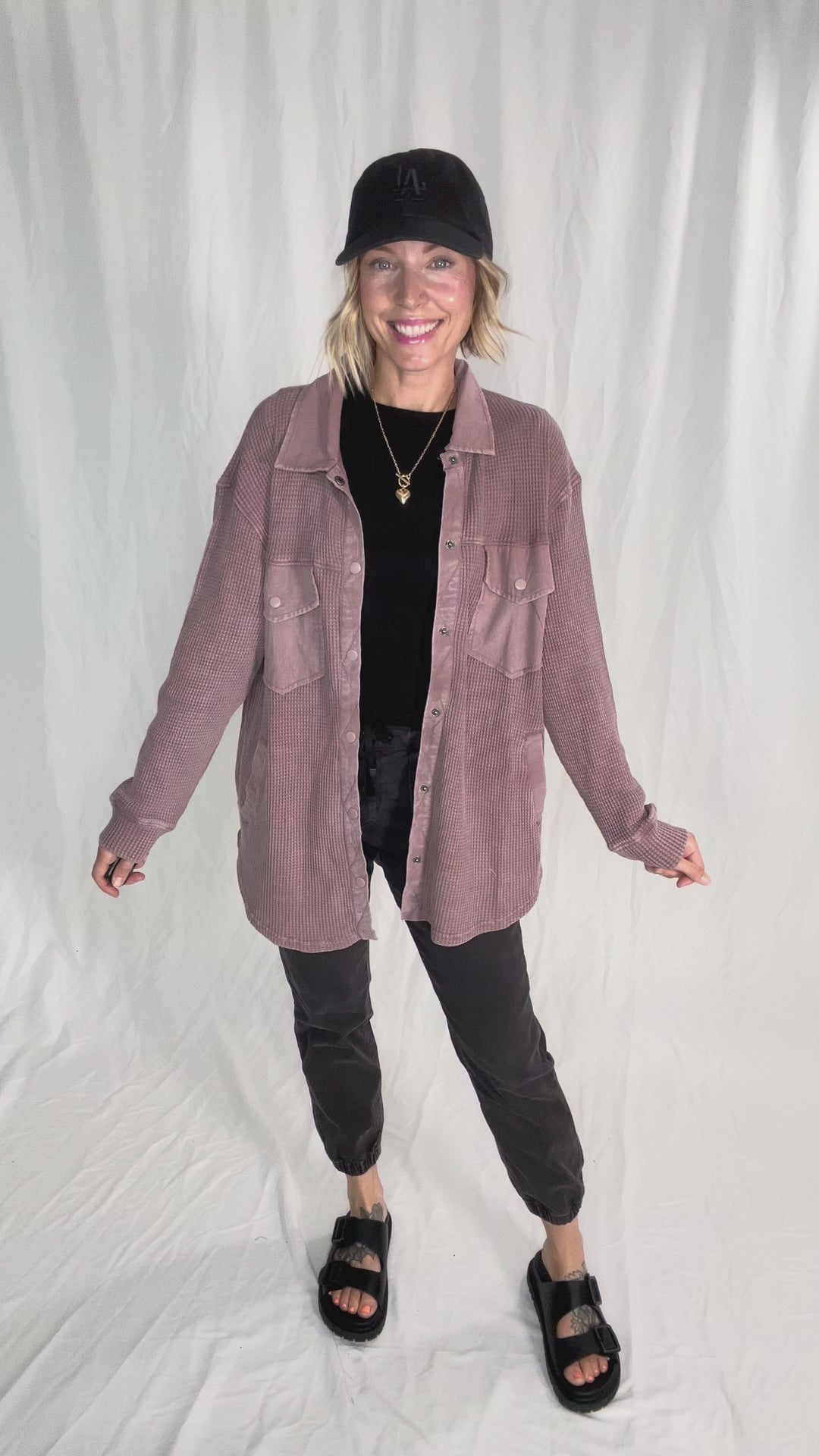 Mono B Marcia Waffle Knit Washed Button Down Jacket- ROSE TAUPE