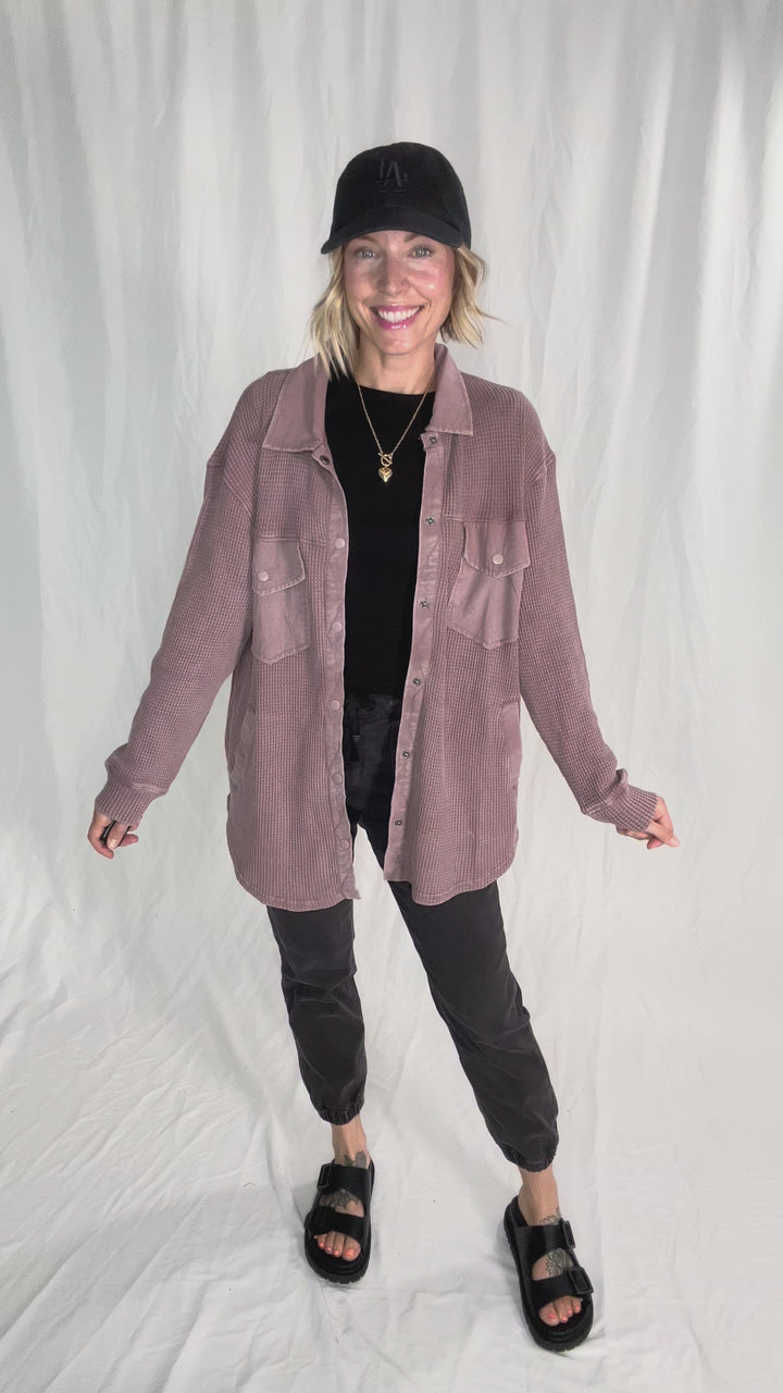 Mono B Marcia Waffle Knit Washed Button Down Jacket- ROSE TAUPE