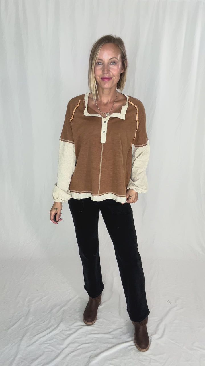 Calloway Mineral Wash Henley- MOCHA MIX
