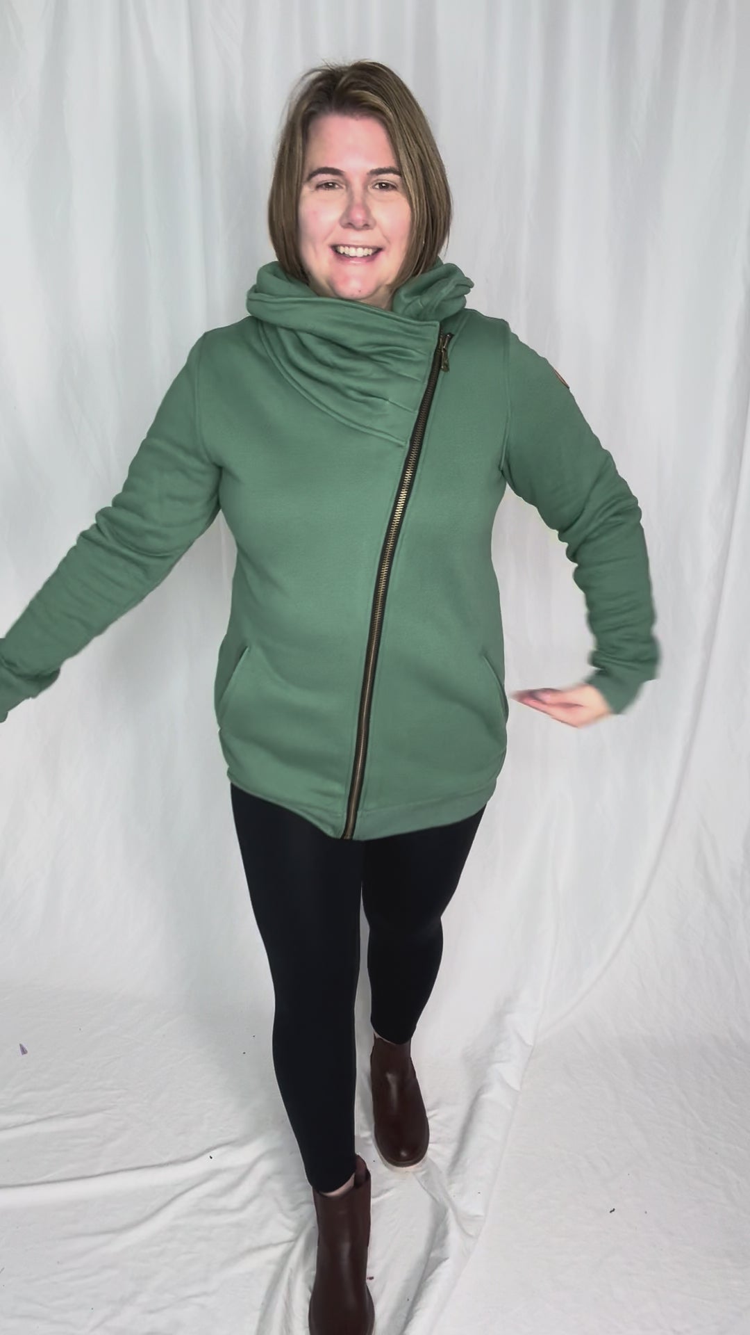 MICHELLE MAE Quinn Premium Cowl Neck Full Zip- FERN