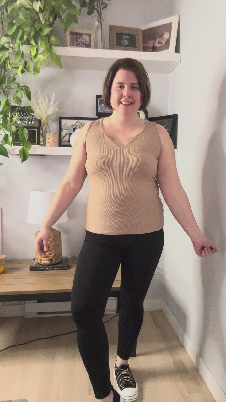 Zuri Rib Knit Tank With Notch Details- MOCHA