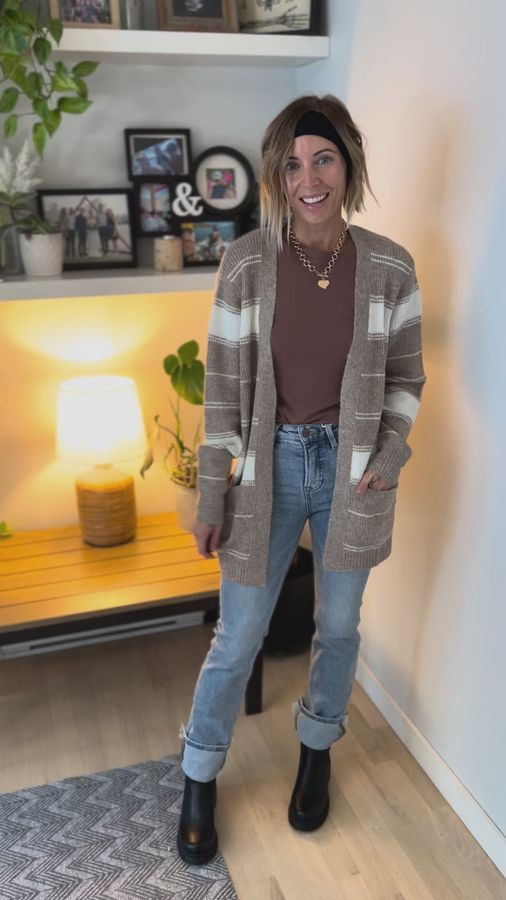 Anvil Striped Pocket Cardigan- CREAM/MOCHA
