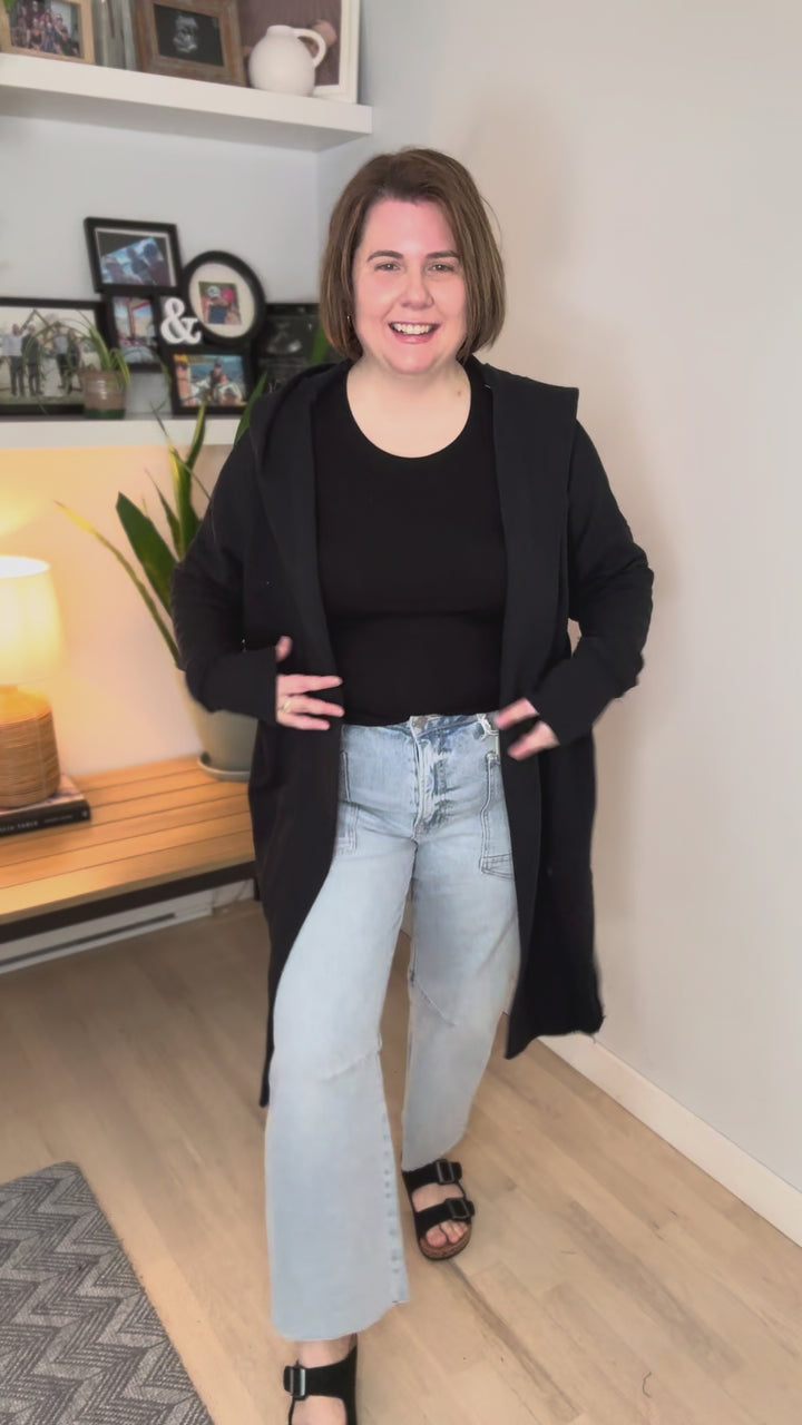 MONO B Whistler Longline Hoodie Cardigan- BLACK