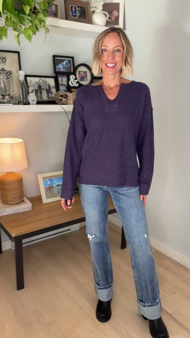 Ria Slit Neck Sweater- EGGPLANT