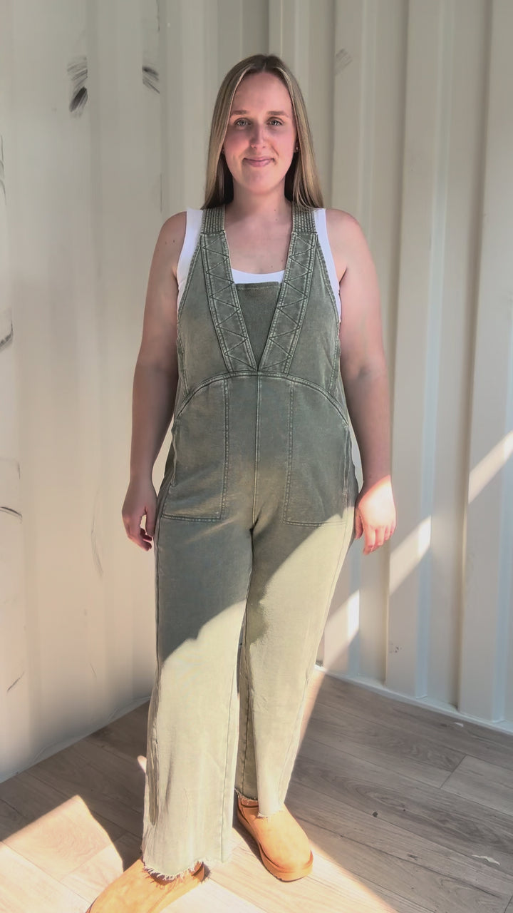 Elmwerth Mineral Washed Jumpsuit- OLIVE