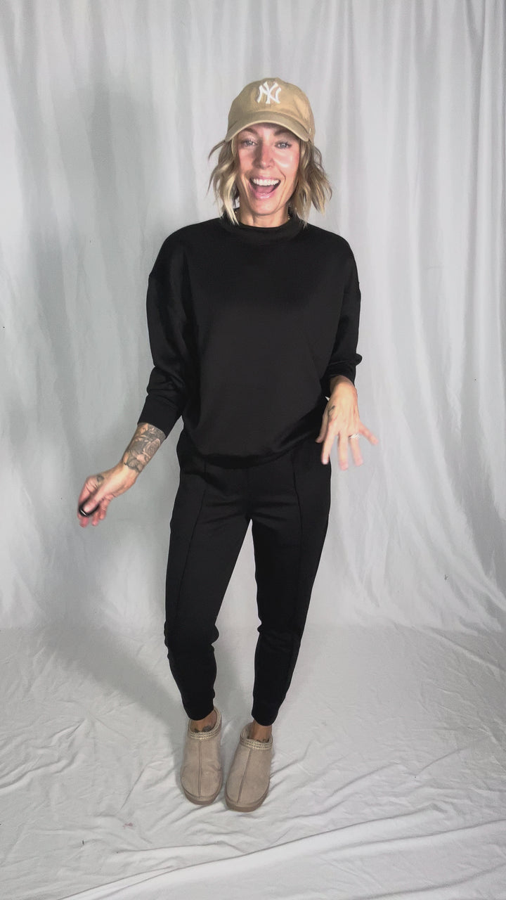 Sandra Scuba Mock Neck And Pullover Jogger Set- BLACK