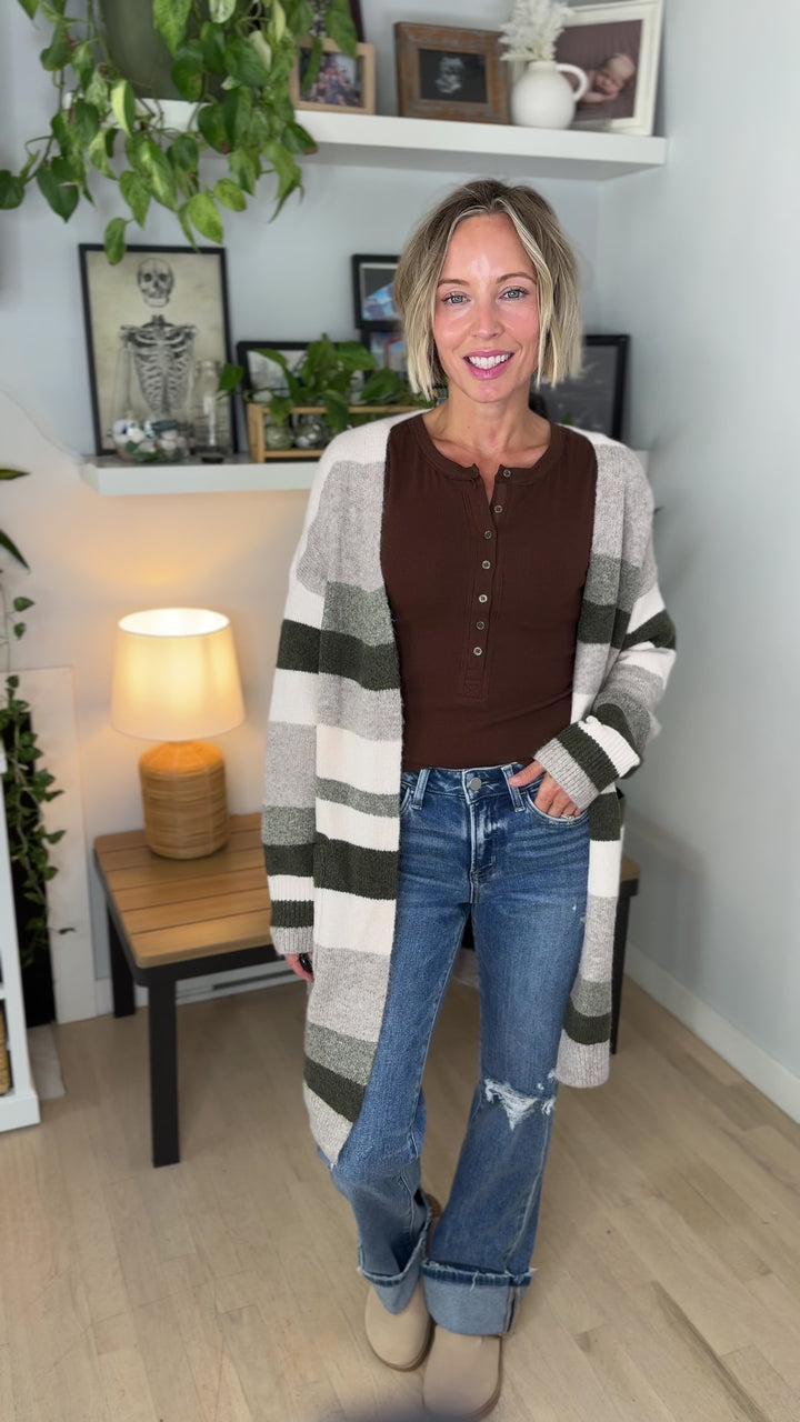 Danny Long Stripe Cardigan- OLIVE MULTI