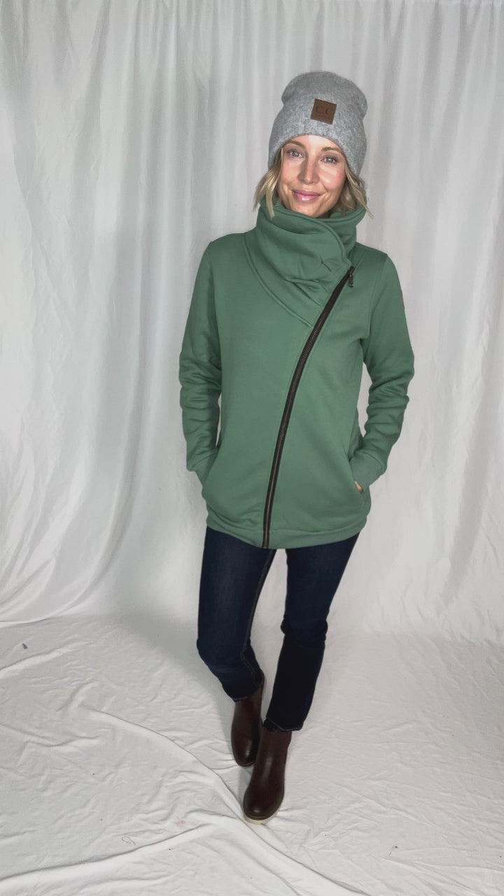 MICHELLE MAE Quinn Premium Cowl Neck Full Zip- FERN