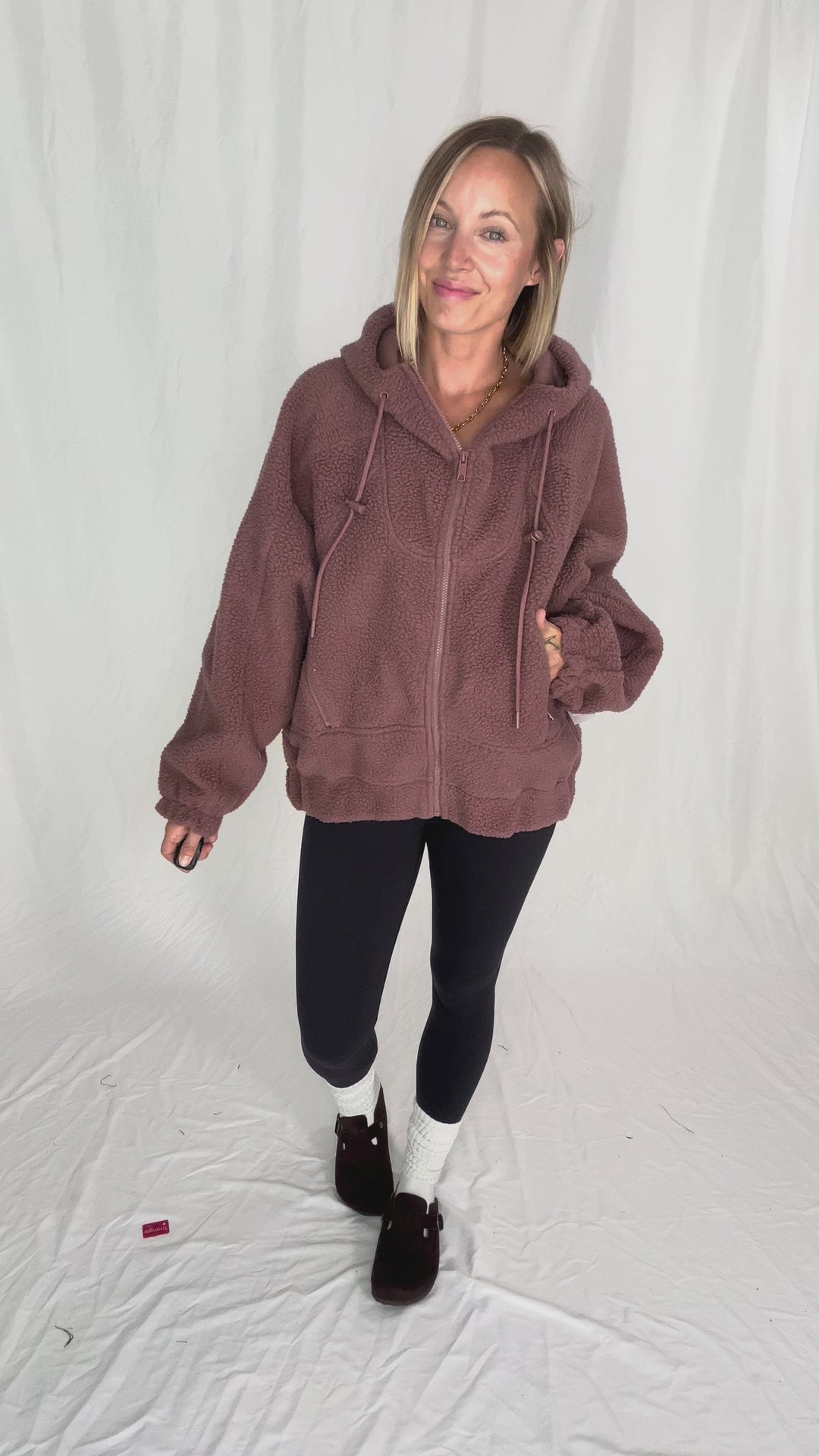 MONO B Oversized Alpine Fleece Zip Up Hoodie- ROSE TAUPE-FINAL SALE