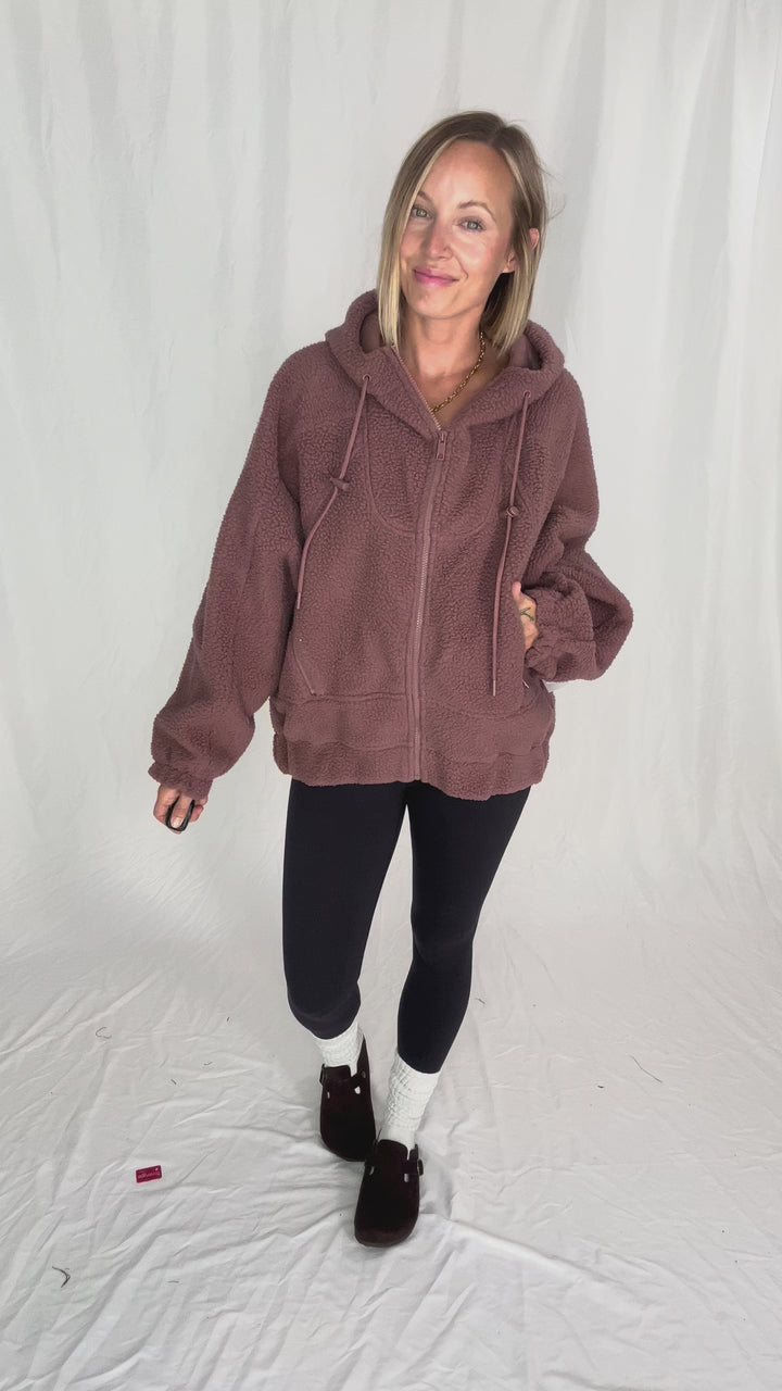 MONO B Oversized Alpine Fleece Zip Up Hoodie- ROSE TAUPE-FINAL SALE