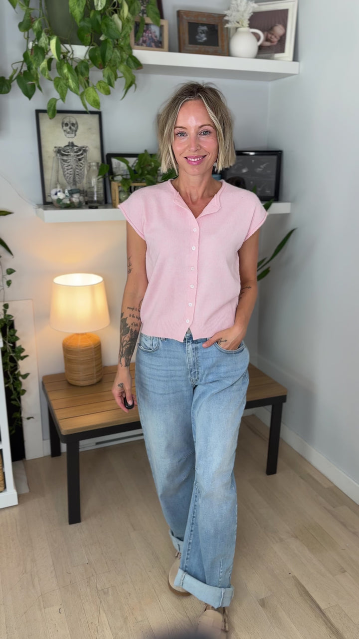 Tawny Sleeveless Button Up Cardigan- PINK