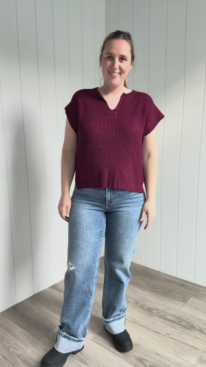 Larkin Split-Neck Sleeveless Knit Top- WINE
