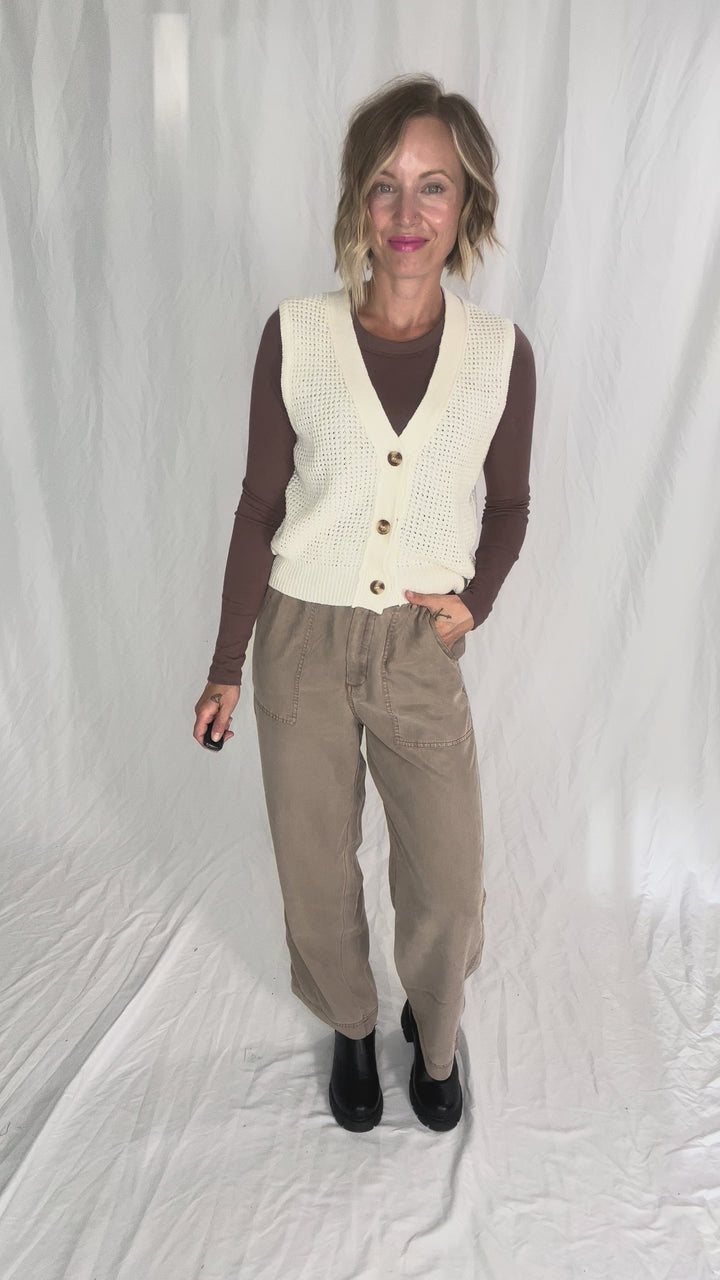 Suzy Chunky Waffle Knit Sweater Vest With Buttons- CREAM