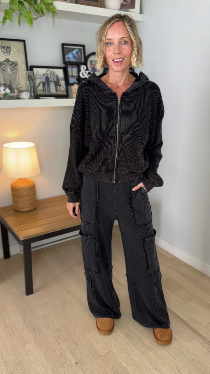 Tatum Washed Waffle Full Zip- BLACK