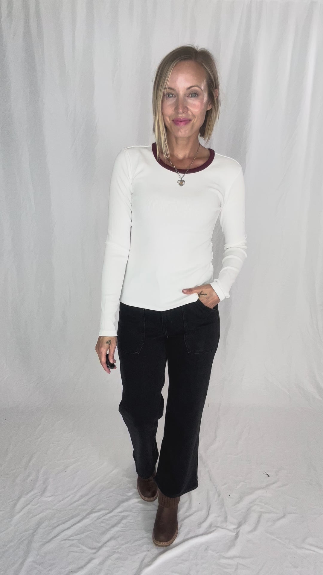 ONLY Organic Cotton Ribbed Maye Long Sleeve- WHITE/PORT