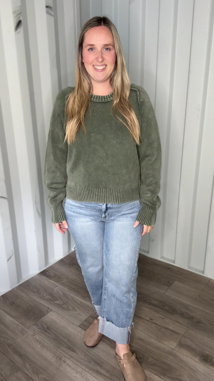 Harveston Mineral Washed Cotton Sweater- WASHED OLIVE