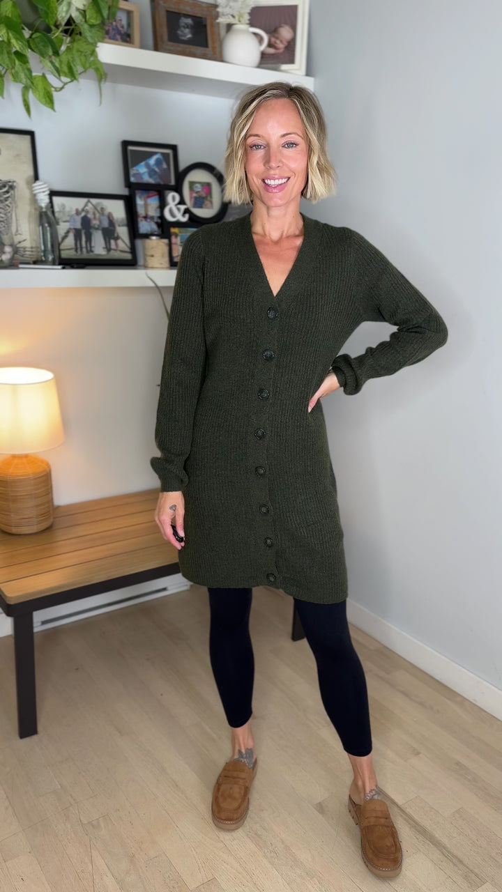 VERO MODA Karla V-neck Button Long Line Cardigan- FOREST NIGHT