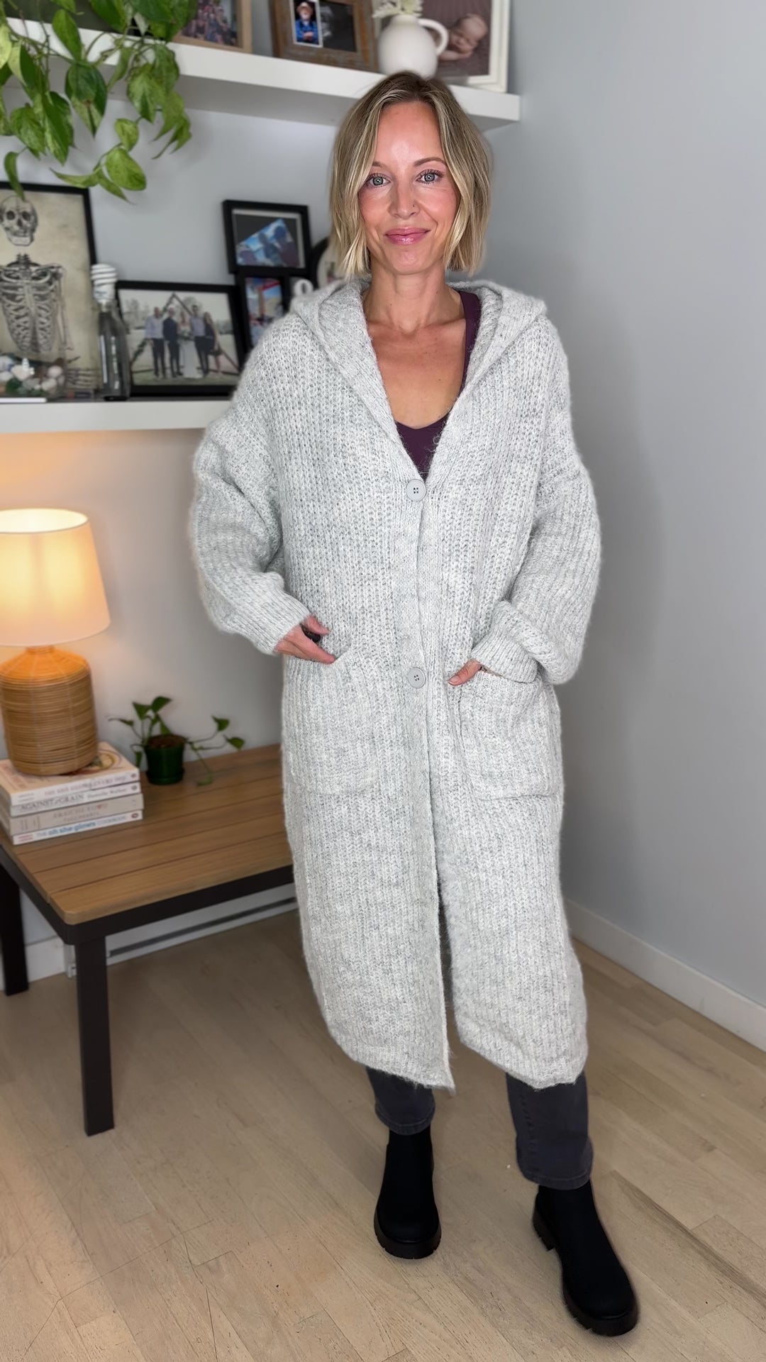 Cabin Cozy Hooded Cardigan- LT GREY