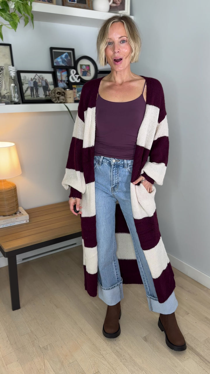 Emma Striped Long Knit Cardigan- BURGUNDY