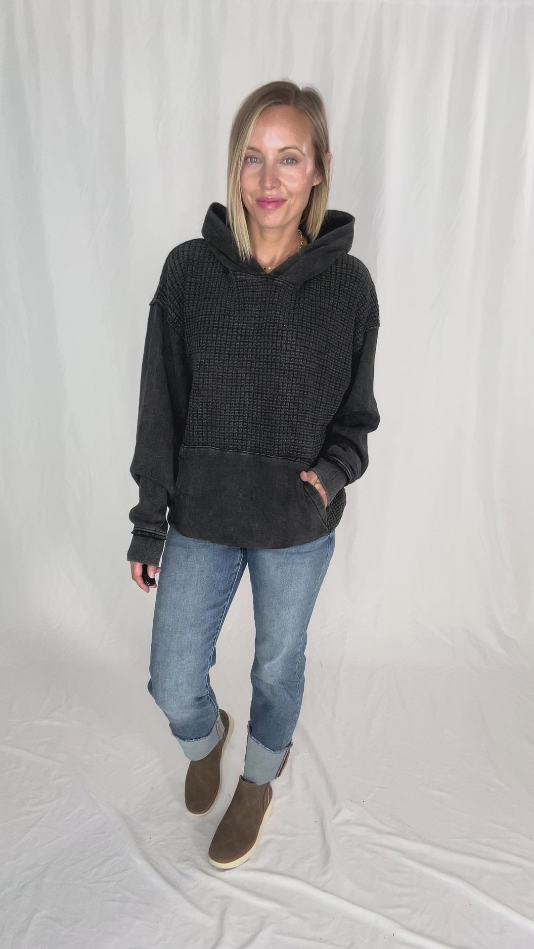 MONO B Chestnut Waffle Hoodie- BLACK
